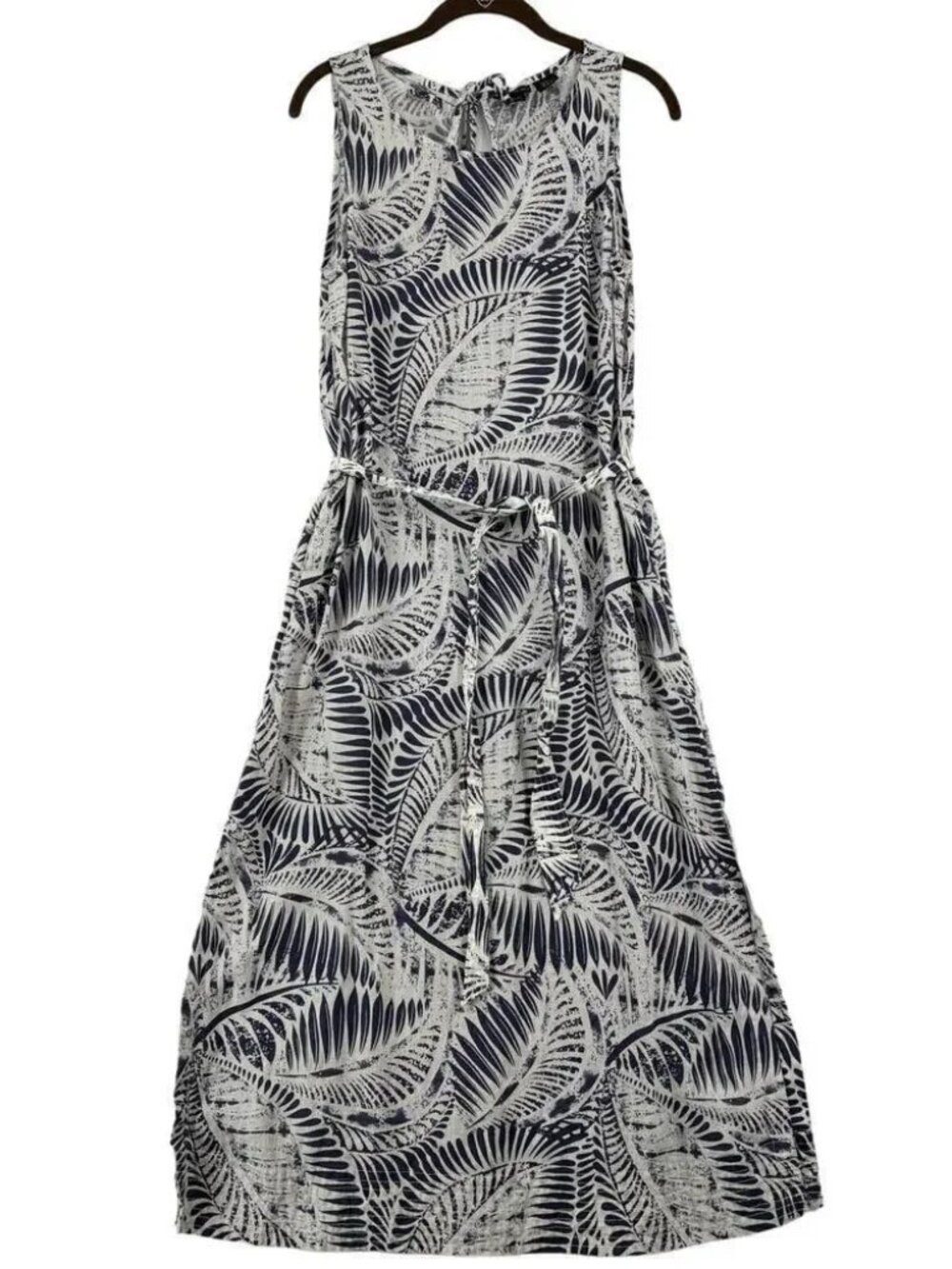 TAHARI linen navy palm printed midi dress (M)
